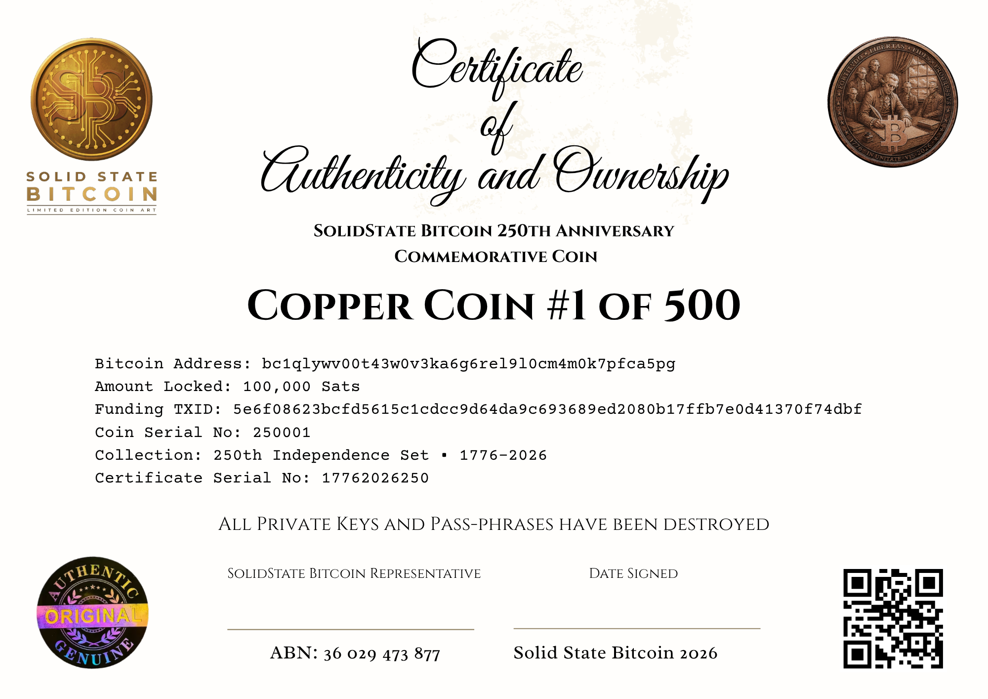 Copper Token Certificate of Authenticity